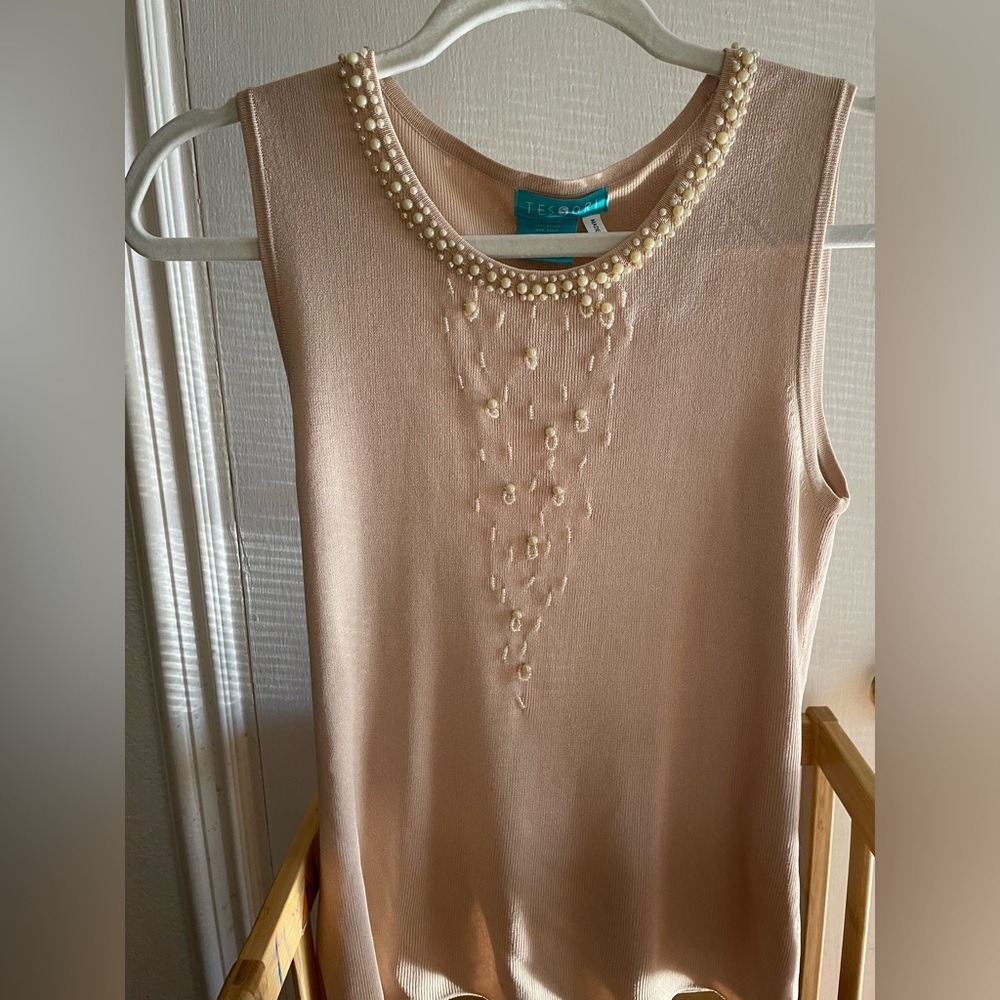 Tessori Tan Beaded Tank Top with Pearls